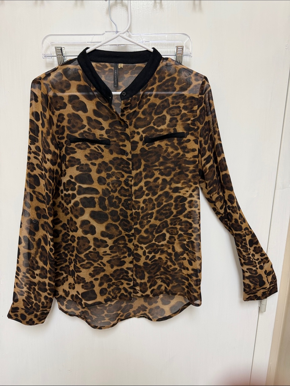 Leopard Print Long-Sleeve Sheer Blouse - Black Trim